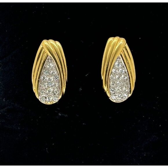 Trifari Jewelry - Trifari  Pierced Earrings Pavé crystal and Gold-tone Earrings Vintage 1970-1980s